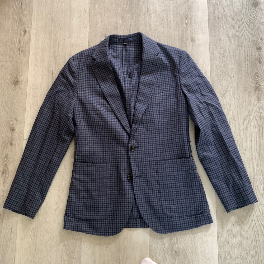 J.Crew Ludlow Slim Blazer Mens 34S Navy Grey Houndstooth Unstructured Sport Coat